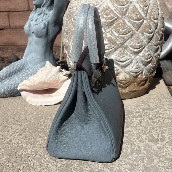 Light Blue Leather Handbag Satchel Gold Tone Hardware Double Handles NEW - Picture 8 of 13